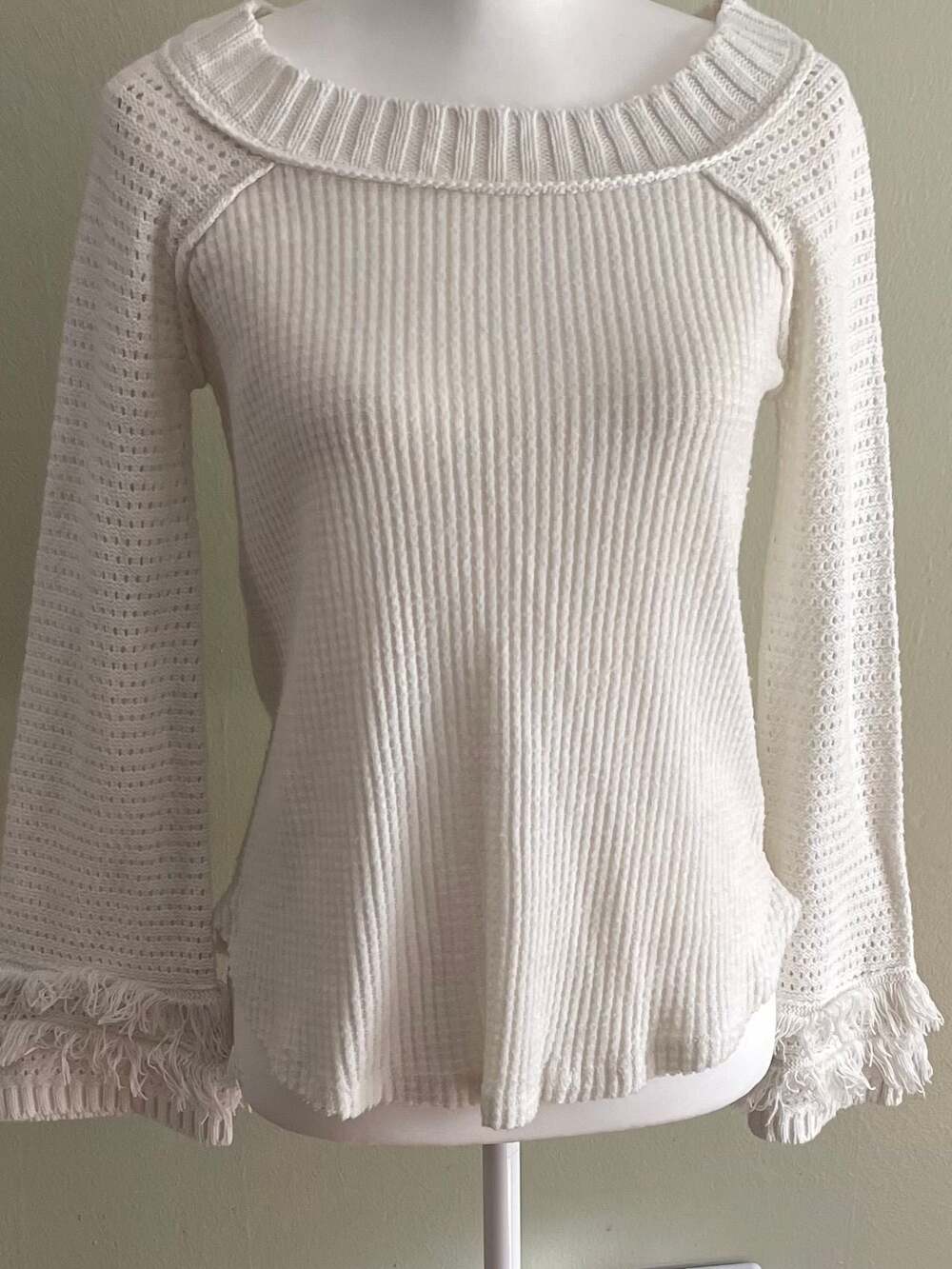 Altar'd State White Boho Fringe Waffle Knit BateauNeck Top, Pointelle, Sz.S